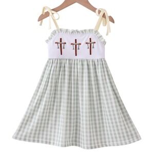 Girls Sage Green Gingham Easter Cross Dress Tie Shoulder Religious Baptism sz 3
